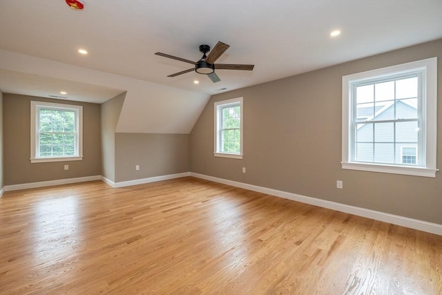 34 Torre St, Reading, MA 01867 - additional living space featuring light wood-type flooring, ceiling fan, vaulted ceiling, and recessed lighting