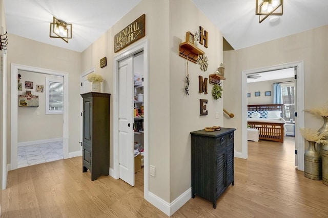 hallway featuring radiator heating unit and light hardwood / wood-style flooring