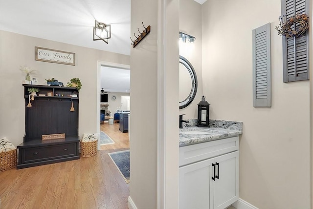 bathroom with vanity, a fireplace, and hardwood / wood-style floors