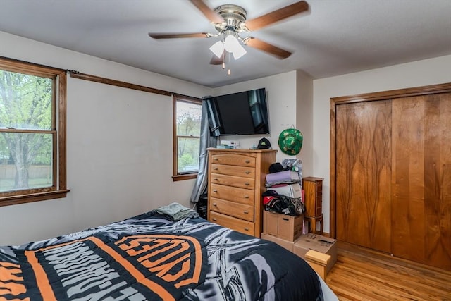bedroom featuring light wood-style floors, a ceiling fan, and a closet