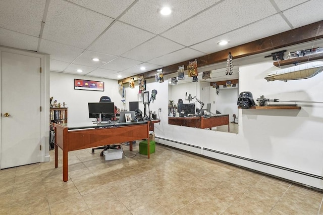 25 Cardigan Rd, Tewksbury, MA 01876 - office with a paneled ceiling, baseboard heating, recessed lighting, and tile patterned floors