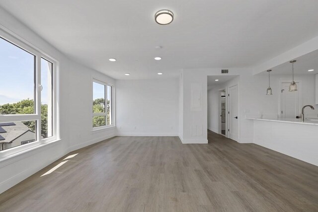 unfurnished living room with wood-type flooring and sink