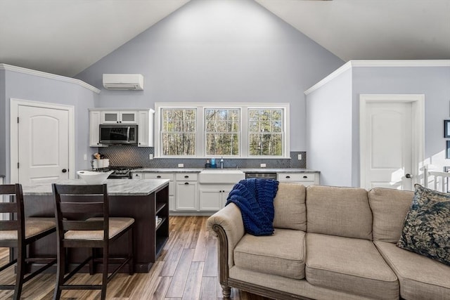 living room featuring sink, high vaulted ceiling, a wall unit AC, hardwood / wood-style flooring, and crown molding