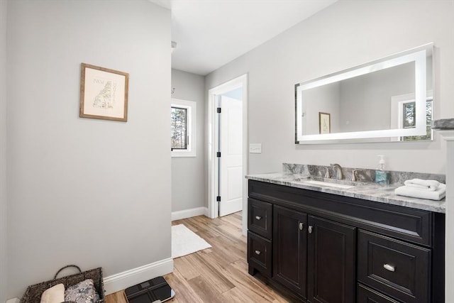 bathroom with hardwood / wood-style floors and vanity