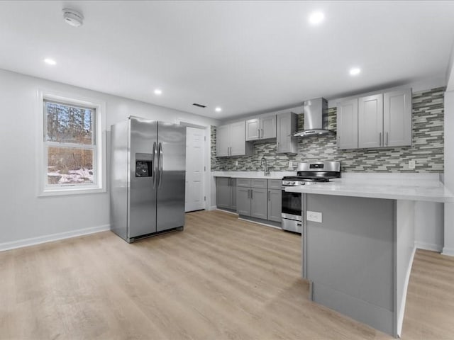 kitchen with gray cabinetry, light countertops, a peninsula, appliances with stainless steel finishes, and wall chimney exhaust hood