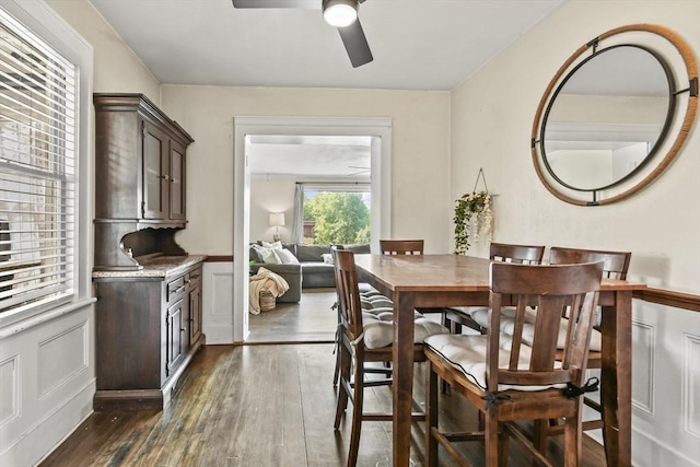 12 Boison St, Pittsfield, MA 01201 - dining room with dark wood-style floors, a ceiling fan, a wainscoted wall, and a decorative wall