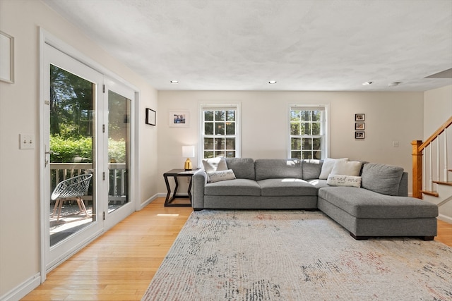 9 Michael Way Unit 41, Andover, MA 01810 - living room featuring stairs, light wood-style floors, baseboards, and recessed lighting
