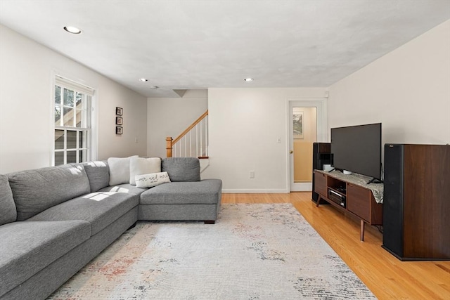9 Michael Way Unit 41, Andover, MA 01810 - living area with light wood-style floors, recessed lighting, stairway, and baseboards