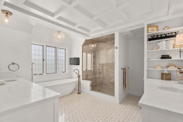 bathroom featuring a shower stall, coffered ceiling, a freestanding tub, vanity, and beam ceiling