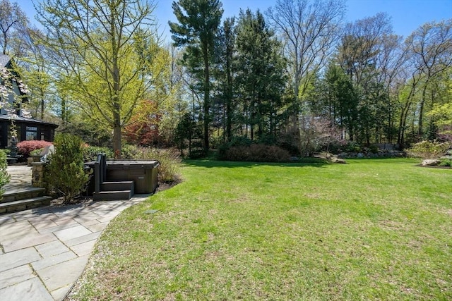 view of green lawn featuring a hot tub