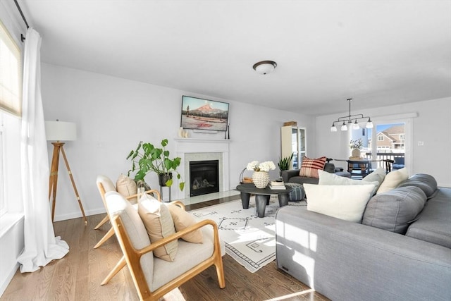 living room featuring hardwood / wood-style flooring and a high end fireplace