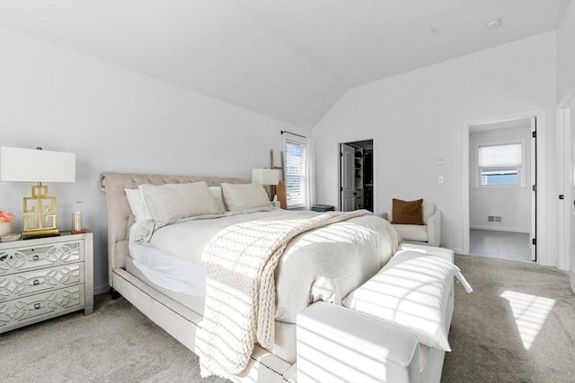 carpeted bedroom with a spacious closet and lofted ceiling