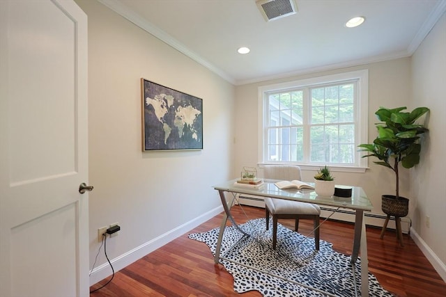5 Taintor Dr, Sudbury, MA 01776 - office with baseboards, wood finished floors, ornamental molding, recessed lighting, and a baseboard radiator