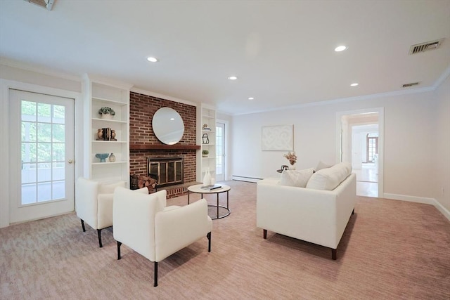 5 Taintor Dr, Sudbury, MA 01776 - living area featuring ornamental molding, baseboard heating, plenty of natural light, a fireplace, and recessed lighting