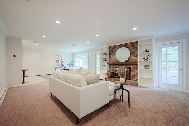 5 Taintor Dr, Sudbury, MA 01776 - living area with light colored carpet, crown molding, a baseboard radiator, recessed lighting, and a brick fireplace