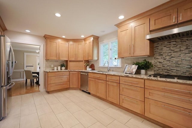 5 Taintor Dr, Sudbury, MA 01776 - kitchen featuring appliances with stainless steel finishes, light brown cabinetry, a sink, extractor fan, and recessed lighting