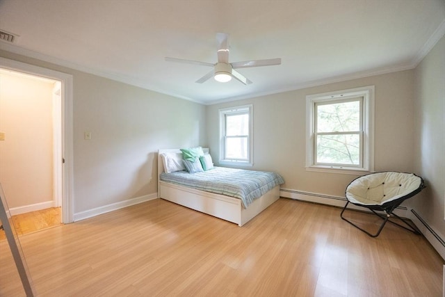 5 Taintor Dr, Sudbury, MA 01776 - bedroom featuring light wood-style floors, ornamental molding, baseboards, ceiling fan, and baseboard heating