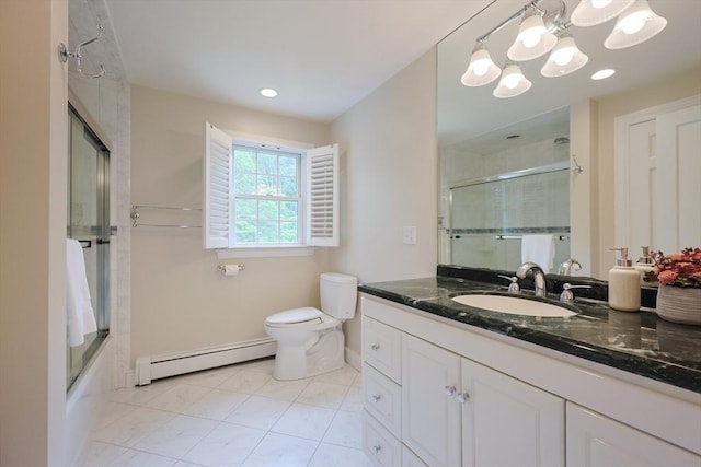 5 Taintor Dr, Sudbury, MA 01776 - bathroom featuring a baseboard radiator, vanity, baseboards, toilet, and shower / bath combination with glass door