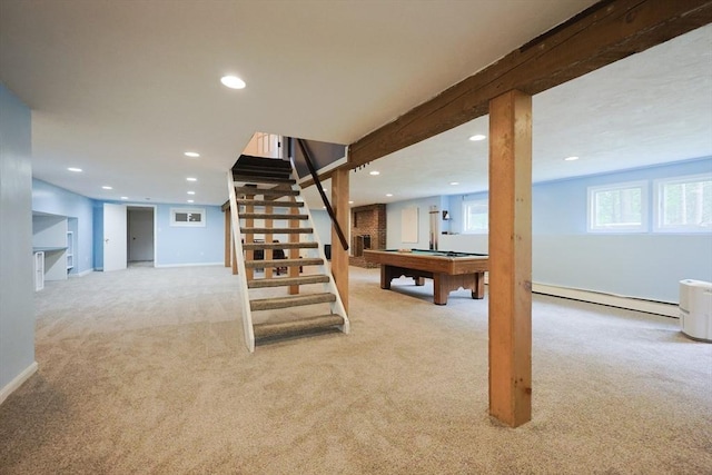 5 Taintor Dr, Sudbury, MA 01776 - basement featuring carpet flooring, stairway, recessed lighting, billiards table, and baseboards