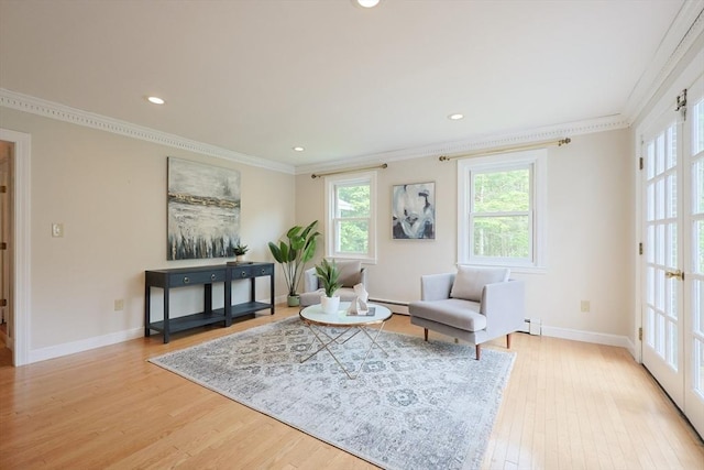 5 Taintor Dr, Sudbury, MA 01776 - sitting room with crown molding, light wood-style floors, baseboards, recessed lighting, and a baseboard radiator