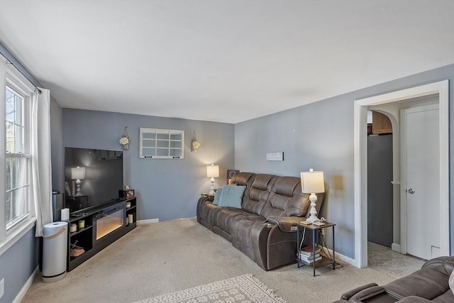 living room featuring light colored carpet