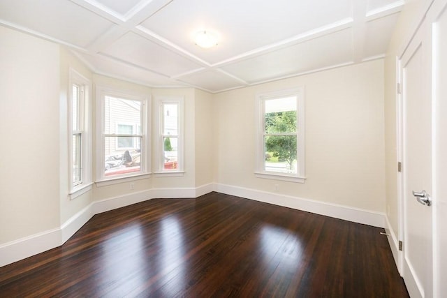 spare room with baseboards, coffered ceiling, and dark wood-style floors