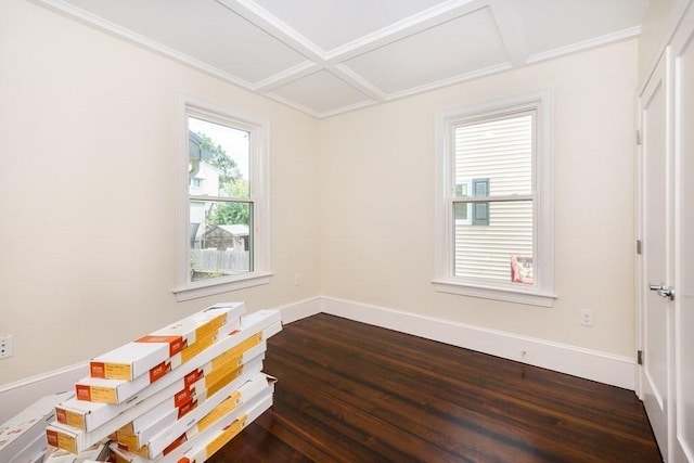 unfurnished room with dark wood-type flooring, baseboards, and coffered ceiling