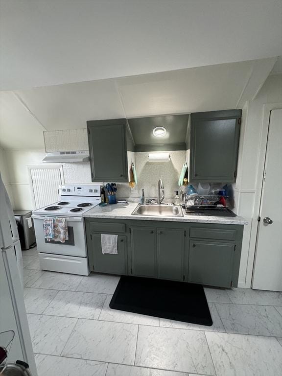 318 Newton St, South Hadley, MA 01075 - kitchen featuring white range with electric cooktop, a sink, light marble finish flooring, and light countertops