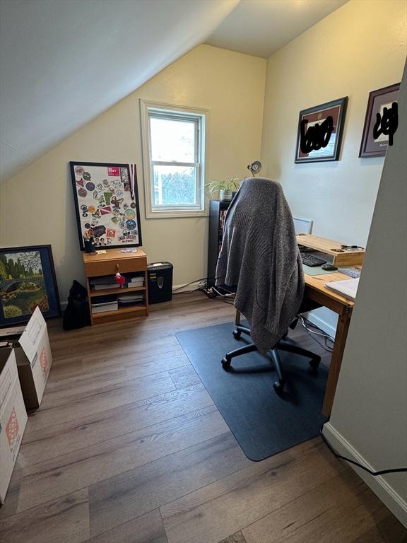 318 Newton St, South Hadley, MA 01075 - office area featuring wood finished floors and lofted ceiling