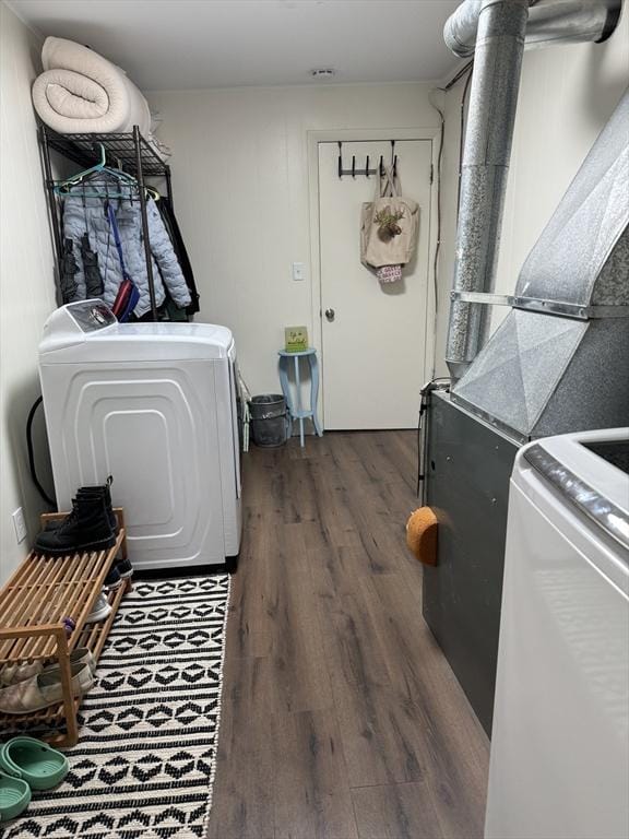 318 Newton St, South Hadley, MA 01075 - laundry room featuring dark wood-style floors and washer and dryer