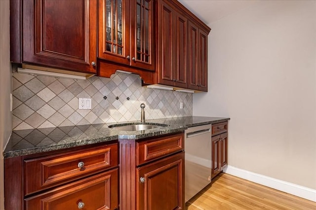 130 Appleton St Unit 4E, Boston, MA 02116 - kitchen featuring dishwasher, a sink, baseboards, light wood finished floors, and backsplash