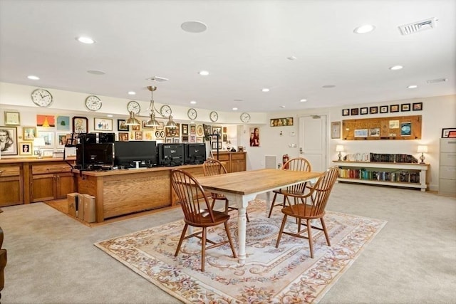 dining area with recessed lighting, light carpet, and visible vents