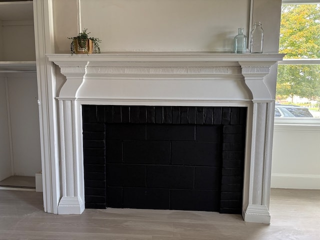 details with a fireplace and wood-type flooring