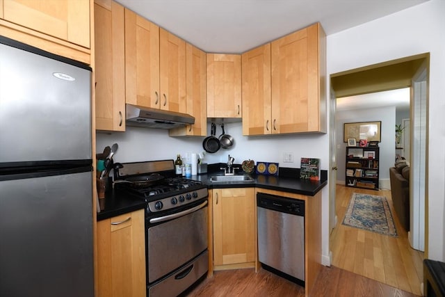 kitchen with light brown cabinetry, sink, dark hardwood / wood-style floors, and appliances with stainless steel finishes