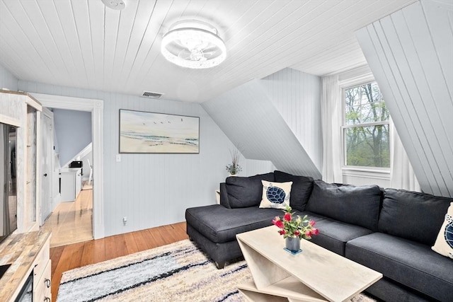 living area featuring wood ceiling, wood finished floors, and visible vents
