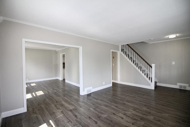 23 Walnut St, Ludlow, MA 01056 - unfurnished room with ornamental molding, stairs, and dark wood-style flooring