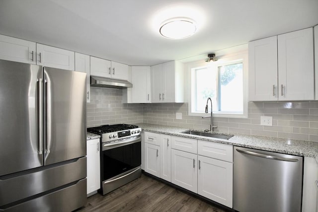 23 Walnut St, Ludlow, MA 01056 - kitchen featuring appliances with stainless steel finishes, under cabinet range hood, white cabinetry, dark wood-style flooring, and light stone counters