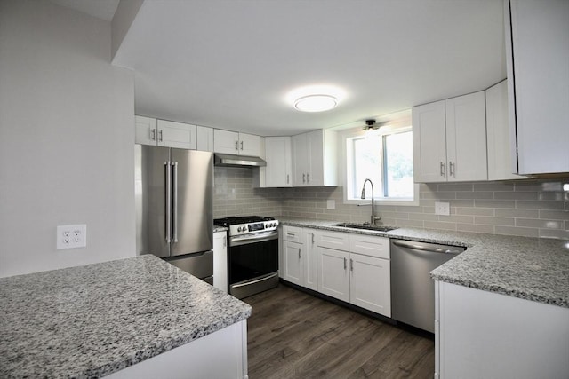 23 Walnut St, Ludlow, MA 01056 - kitchen with appliances with stainless steel finishes, decorative backsplash, white cabinets, and dark wood-type flooring