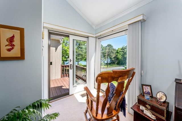 17 Ships Way Unit 17, Bourne, MA 02532 - sitting room with ornamental molding, vaulted ceiling, and carpet floors