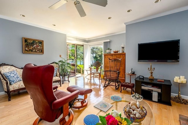 17 Ships Way Unit 17, Bourne, MA 02532 - living room featuring hardwood / wood-style flooring, ceiling fan, crown molding, baseboards, and recessed lighting