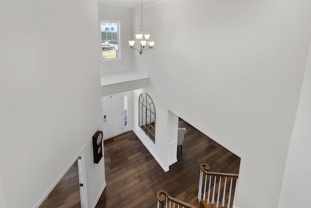 foyer with a notable chandelier, dark hardwood / wood-style flooring, and crown molding