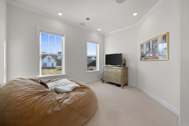 living room with light carpet and crown molding