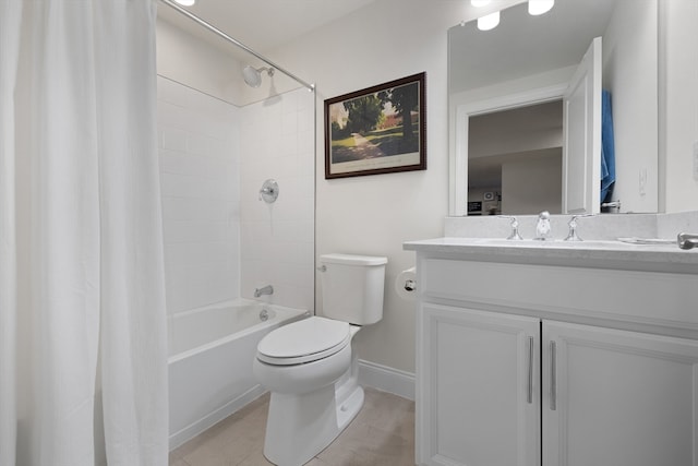 full bathroom featuring tile patterned flooring, vanity, toilet, and shower / tub combo with curtain