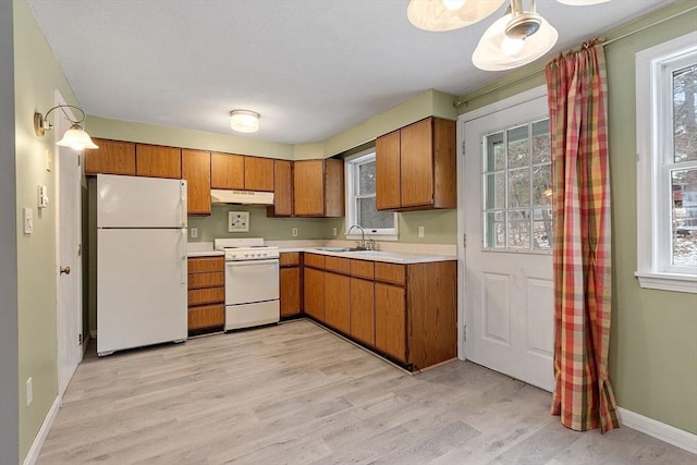 kitchen with brown cabinets, light countertops, light wood-style flooring, white appliances, and under cabinet range hood