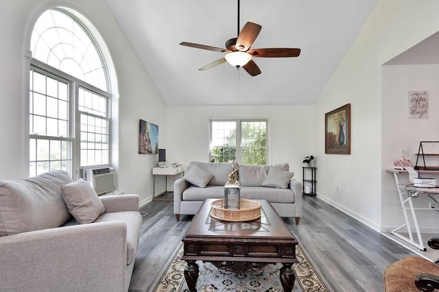 109 Macintosh Ln, Fitchburg, MA 01420 - living room featuring baseboards, wood finished floors, a ceiling fan, and high vaulted ceiling