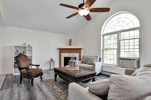 109 Macintosh Ln, Fitchburg, MA 01420 - living area featuring wood finished floors, high vaulted ceiling, a fireplace, cooling unit, and a ceiling fan