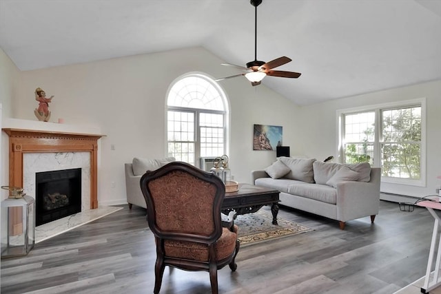 109 Macintosh Ln, Fitchburg, MA 01420 - living area with a premium fireplace, ceiling fan, lofted ceiling, and wood finished floors