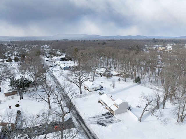 snowy aerial view featuring a mountain view