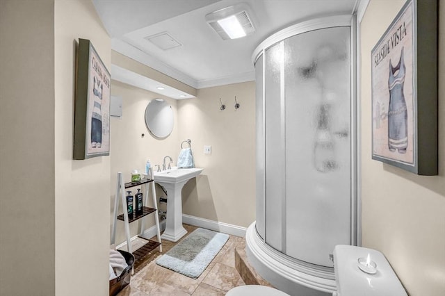 bathroom with a stall shower, baseboards, visible vents, ornamental molding, and tile patterned floors