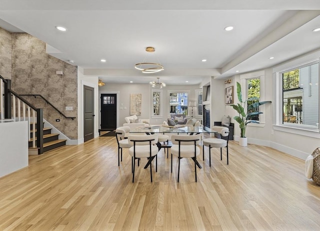 34 Walker St, Somerville, MA 02144 - dining space with stairs, light wood-type flooring, baseboards, recessed lighting, and a chandelier